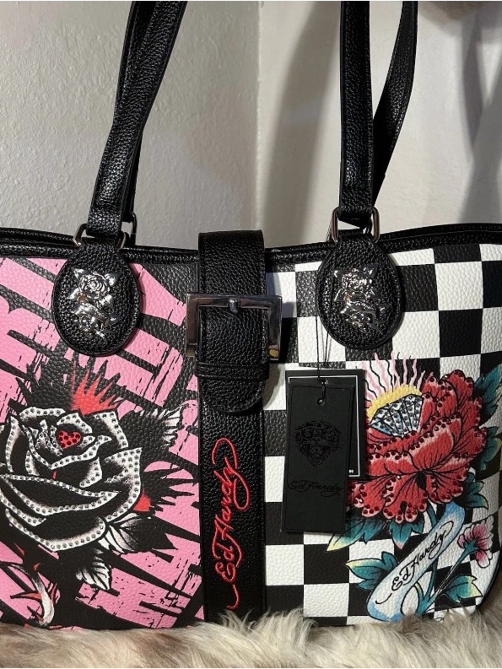 Ed Hardy Black Pink Floral Checkerboard Tote with Embroidered Logo